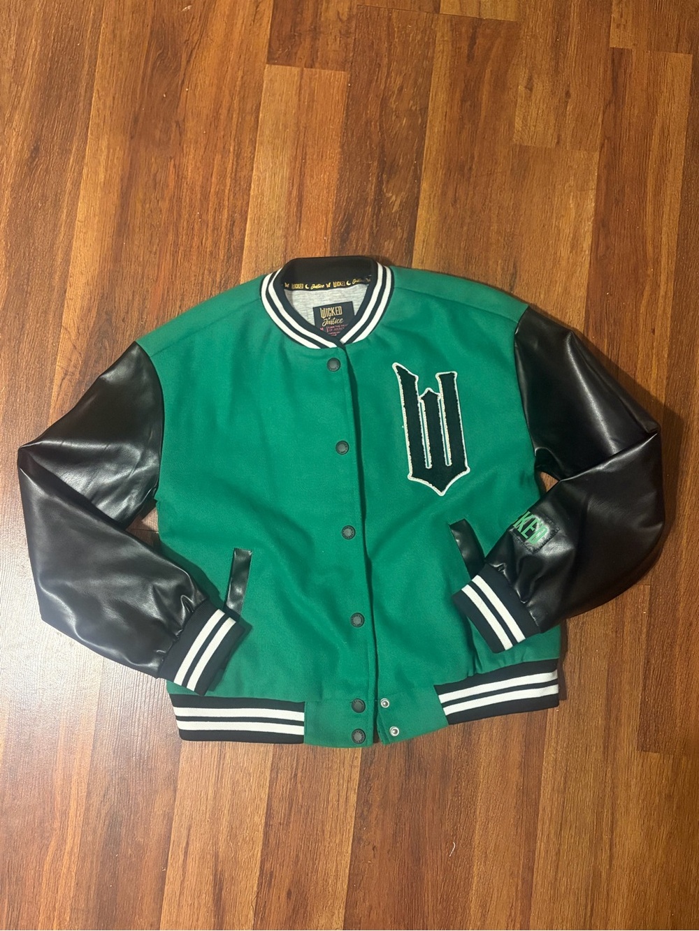 Justice Wicked Green & Black Varsity Jacket with Leather-Style Sleeves